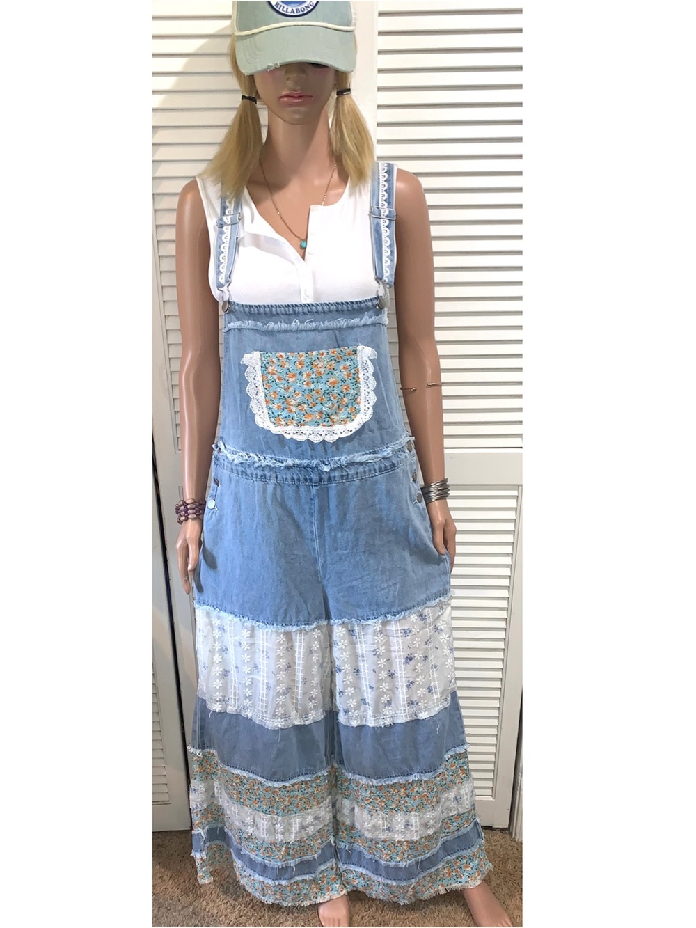 Boho Patchwork Denim Wide Leg bib Overalls Floral Lace M Women’s